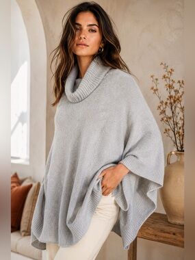 J. Jill Cashmere Blend Cowl Neck Poncho Sweater Gray Oversized Cozy Size L